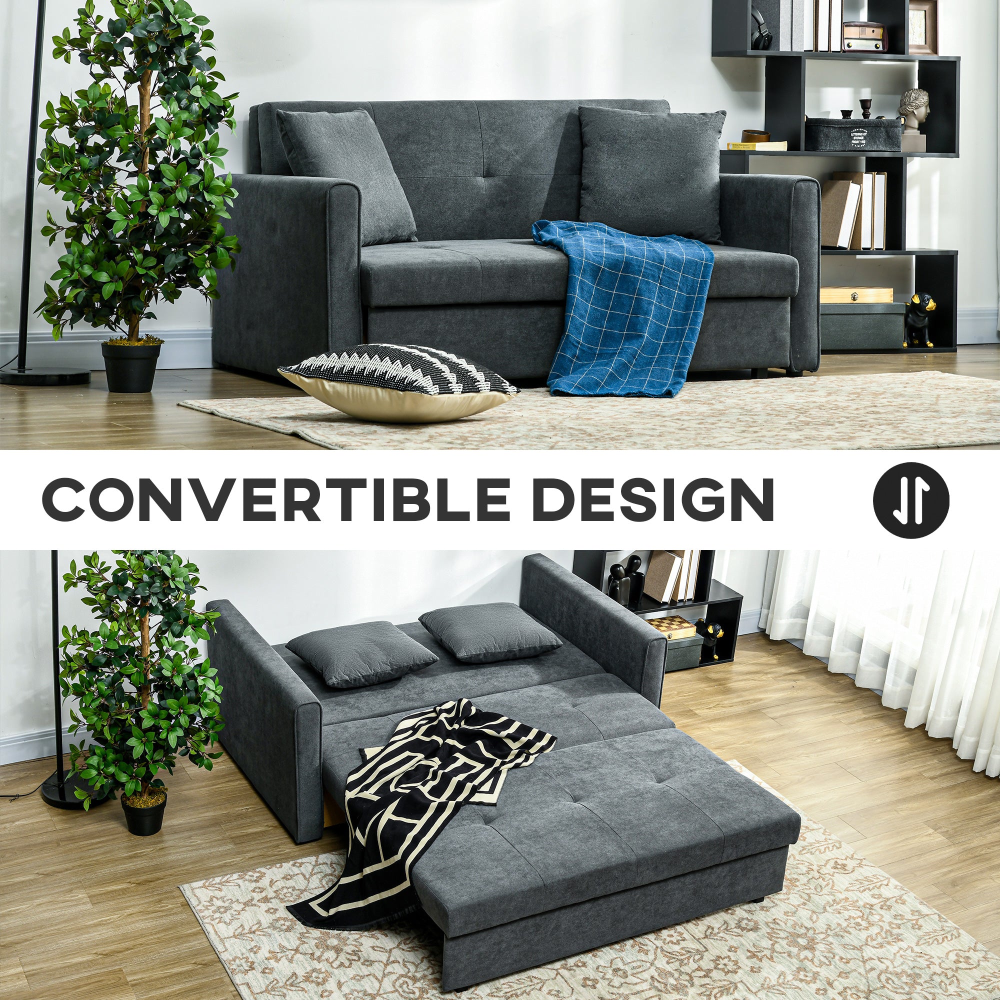 HOMCOM 2 Seater Sofa Bed, Convertible Bed Settee, Modern Velvet Loveseat Sofa Couch with 2 Cushions, Hidden Storage for Living Room, Guest Room, Dark Grey
